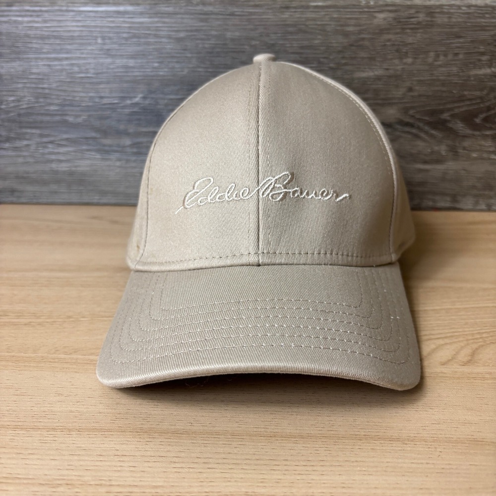 Eddie Bauer Hat Cap Fitted M/L Brown Tan Script Logo Outdoors‎